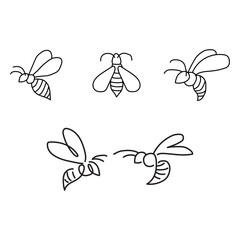 Honeybee line art clipart set. Linear collection of doodle bees. Vector illustration isolated on white background. Simple hand drawn beekeeping design elements.