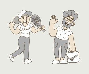 Cheerful young man and woman. Vector monochrome flat illustration. Set of doodle characters.