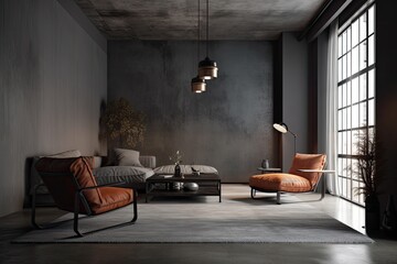 View from a corner of a dark living room that features a concrete floor, a coffee table, a sofa, armchairs, a lamp, and an empty, grey wall. minimalist design principle. Generative AI