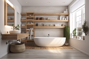 Fototapeta na wymiar White bathtub, toilet, and built in shelf for personal care items are all featured in this corner of a white and wooden bathroom. Generative AI