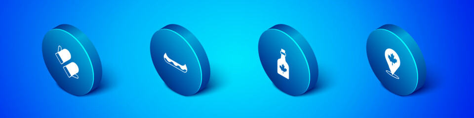 Set Isometric Christmas mitten, Bottle of maple syrup, Canadian leaf and Kayak icon. Vector