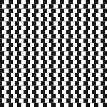 Shifted horizontal parallel lines with black and white squares. Optical illusion with distorted perception. Checkered pattern. Mosaic texture with visual deception motif