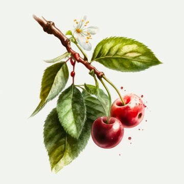 Red cherries in watercolor style on white background. Generative AI art.