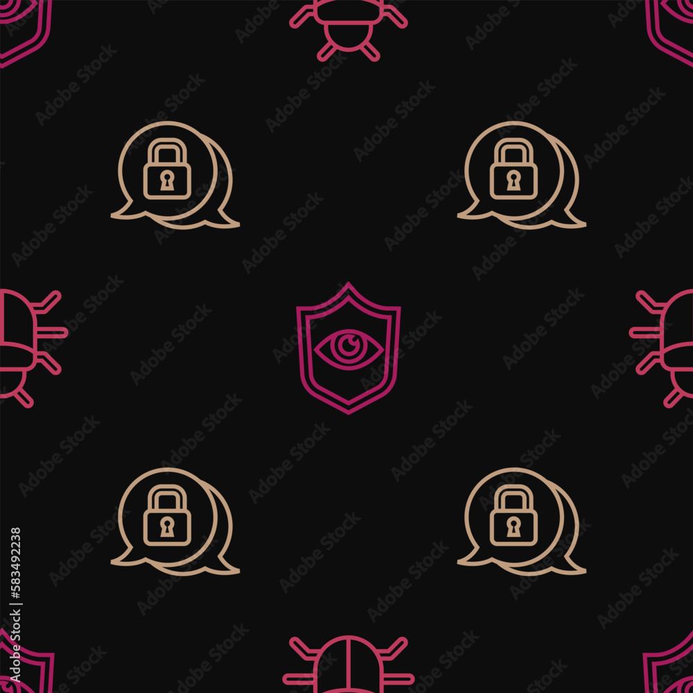 Aufkleber set line system bug, cyber security and shield and eye on seamless pattern. vector
