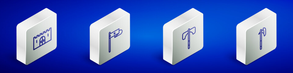 Set Isometric line Medieval castle gate, flag, axe and icon. Vector