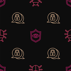 Set line System bug, Cyber security and Shield and eye on seamless pattern. Vector