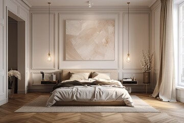 A horizontal painting is displayed on a wall of a beige bedroom that has a parquet floor, a large headboard, lamps over the bed, and a niche desk with a curtain. idea for a contemporary home design. a - obrazy, fototapety, plakaty