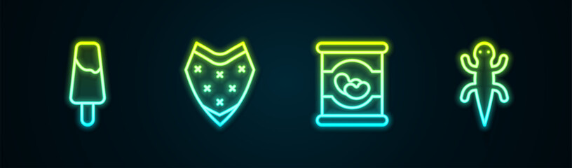 Set line Popsicle ice cream, Poncho, Beans in can and Lizard. Glowing neon icon. Vector