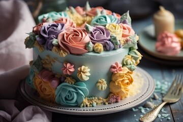 beautiful birthday cake with lots of decoration, sugar flowers and macaroons in pastel colors, generative ai