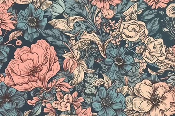 Türaufkleber Blue and pink vintage floral pattern with a delicate luxury look, generative AI © FrankBoston