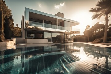Contemporary villa with pool and garden in a sunny day, generative ai