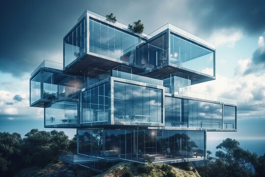 Amazing modern glass building with roof gardens, generative ai