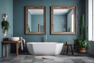 two empty frames on a model of a bathroom. Generative AI