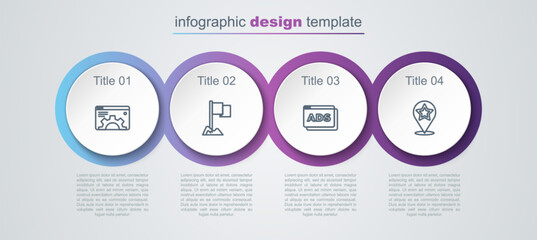 Set line Browser setting, Location marker, Advertising and Map pointer with star. Business infographic template. Vector