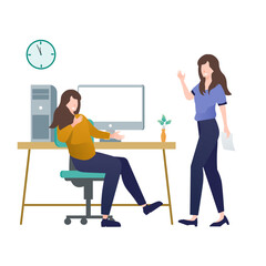Businesswoman sitting at desk and talking on phone. Businesswoman working at office. Vector illustration in flat style