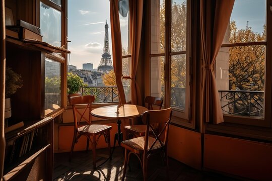 Retro Parisian cafe with a window with views to the  Eiffel Tower, AI generated