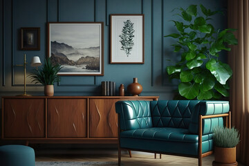 Modernes Wohnzimmer. Elegantes dunkelblaues Ledersofa, Sideboard aus Mahagoniholz, große Pflanze, Bilder an der Wand. - obrazy, fototapety, plakaty