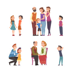 Obraz premium Happy Man and Woman with Kid and Grandparents with Grandson Standing Together Vector Set