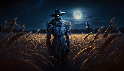 Scarecrow at night in the rye field. Generative AI