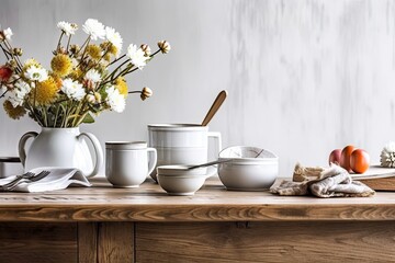 Obraz na płótnie Canvas Concept for a kitchen wide banner. A wooden table in a kitchen setting with a spoon, a teapot, cups, bowls, and flowers. Generative AI
