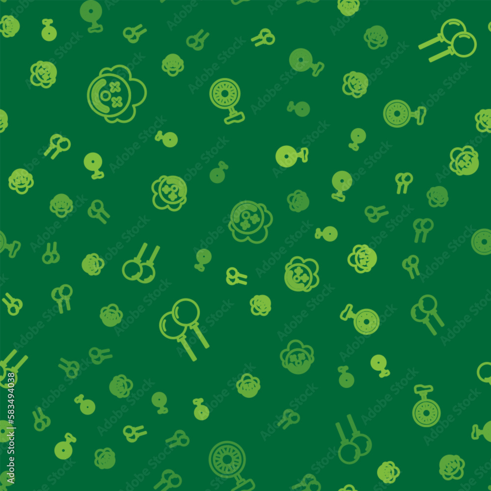 Poster set line clown head, balloons with ribbon and unicycle or one wheel bicycle on seamless pattern. vec