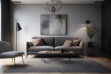 In a spacious living area, a stylish industrial black lamp is placed next to a Scandinavian sofa. Generative AI