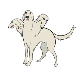  Fluffy white borzoi dog meme being the underworld dog cerberus. It has three heads. Vector isolated on white background.
