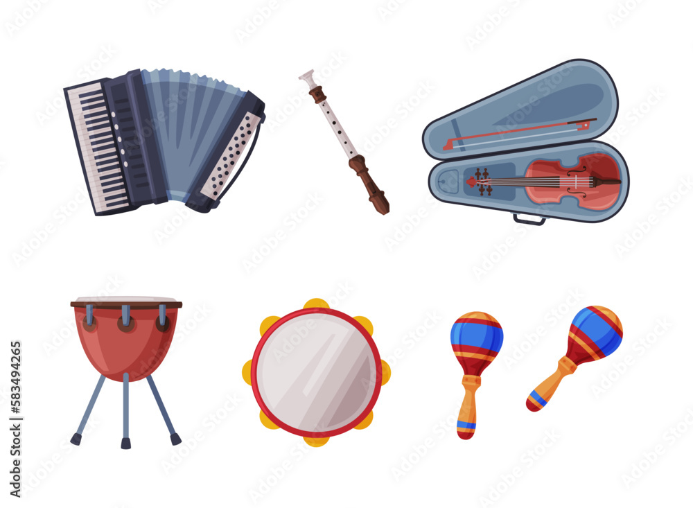 Sticker different musical instrument with accordion, flute, violin, drum and maraca vector set