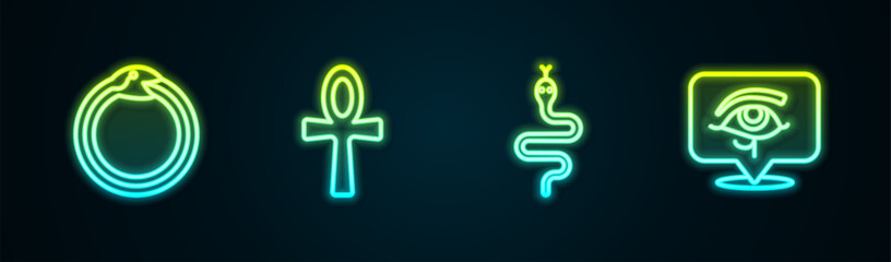 Obraz premium Set line Magic symbol of Ouroboros, Cross ankh, Snake and Eye Horus. Glowing neon icon. Vector