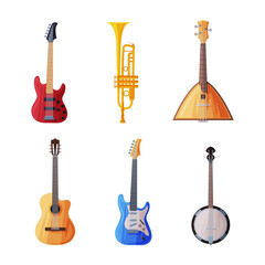 Different Musical Instrument with Electric Guitar, Trumpet and Balalaika Vector Set