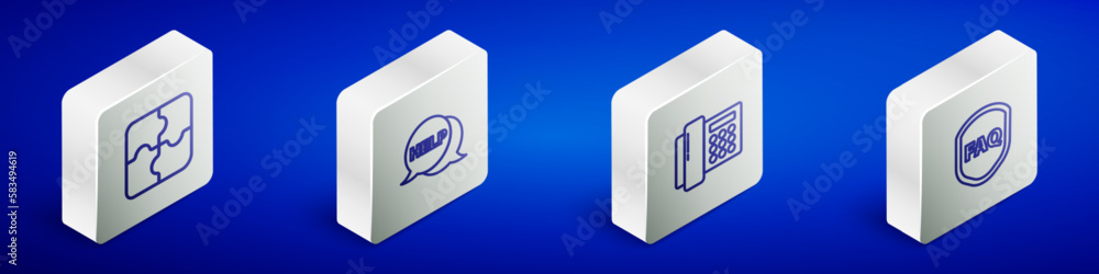 Poster set isometric line piece of puzzle, speech bubble with text help, telephone and shield faq icon. vec