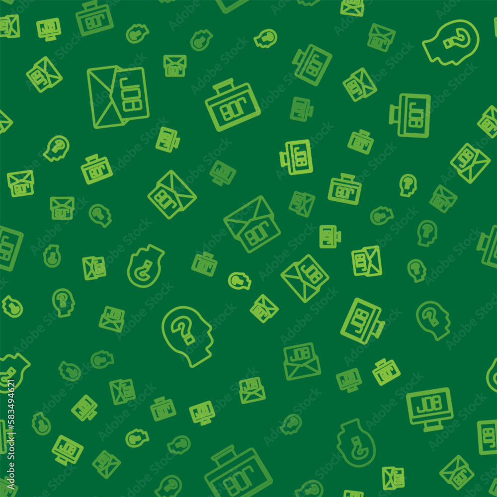 Poster set line search job, worker and on seamless pattern. vector