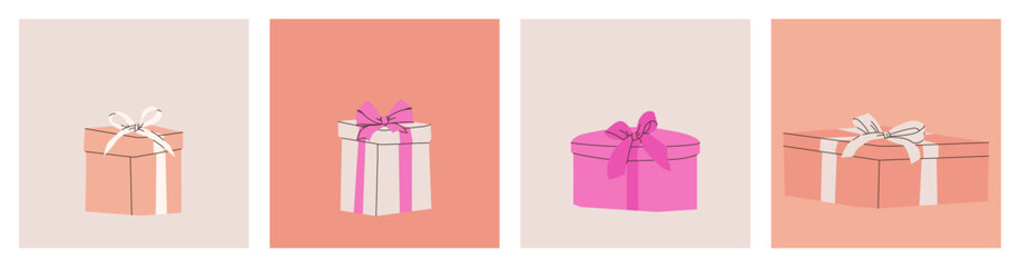 Set of various gift boxes with bows. Vector flat isolated illustration for design. Pink, beige and white colors.