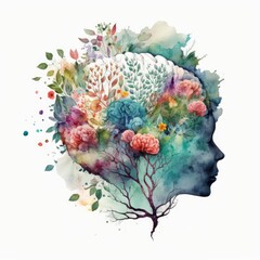 watercolor , flowers as human brain , mental health and well-being  Generate Ai
