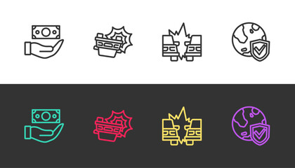 Set line Money with shield, Car accident, and Shield world globe on black and white. Vector