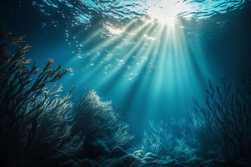 Fototapeta na wymiar Underwater sea in blue sunlight, generative ai