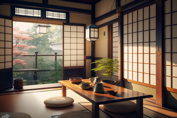 traditional japanese tea room interior, tatami and table, generative ai