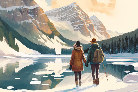 A couple bundled up in warm coats and hats in a frozen lake in Banff, Canada, illustration - Generative AI