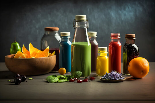 Various colourful fresh raw ingredients and already juices, healthy, generative ai