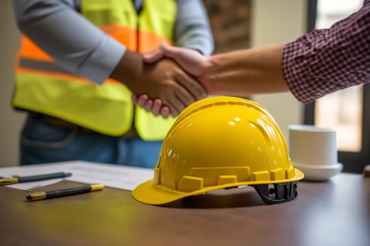 Yellow safety helmet on workplave desk,  with constructor and customer closing a deal, generative ai