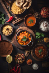 Obraz na płótnie Canvas Overhead shot for Indian food restaurant menu. Indian traditional cuisine. Generative AI