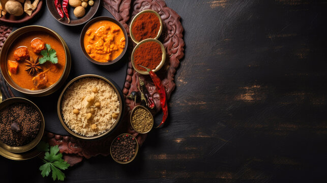 Overhead shot for Indian food restaurant menu. Indian traditional cuisine. Generative AI