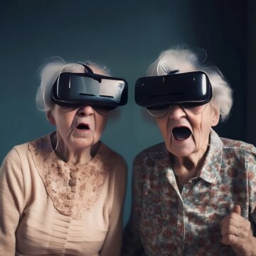 Dos mujeres mayores con cara sorpresa al probar gafas de realidad virtual Generative Ai