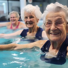 Fototapeta premium Mujeres mayores felices haciendo aquagym IA generativa