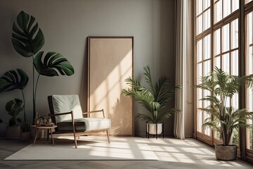 frame for a poster inside a room with a light, unadorned wall that gets sunlight, wooden furniture, a tropical plant, and palm fronds,. Generative AI