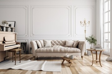Elegant Scandinavian living area including a design sofa covered in a luxurious blanket, a coffee table, and a bookstand against a white background. brown wood flooring. Interior design idea with a mi