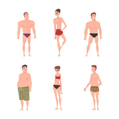 People Character in Swimsuit and Trunks Standing and Sunbathing at Sun Vector Set