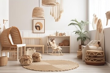 Modern kids' room with a blank white wall. Boho inspired, Scandinavian interior design mockup. area in the copy for a poster or photo. Macrame, a console, a rattan chair, and toys. cozy space for chil