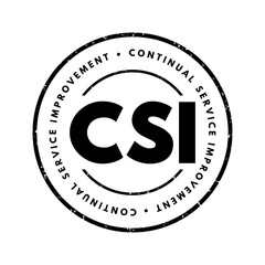 CSI Continual Service Improvement - method to identify and execute opportunities to make IT processes and services better, acronym text stamp