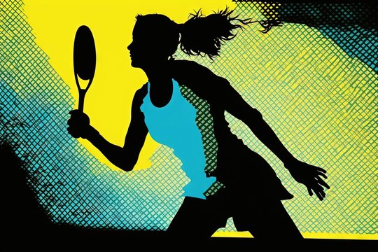 Silhouette outline of a woman playing pickleball illustration generative ai
